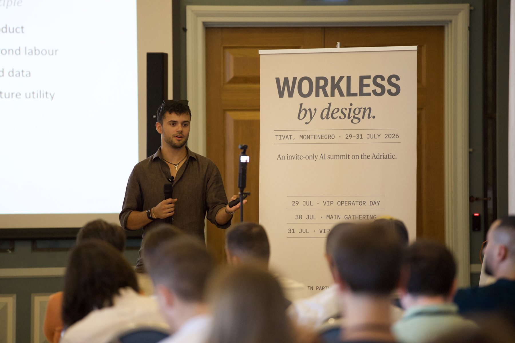 Ethan Monkhouse. Mid-talk at Workless by Design